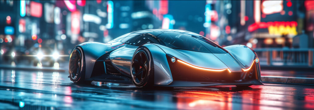 futuristic electric sports hyper car driving show in city. Vibrant city traffic with lights, super cars luxury hyper vehicles, speed, and automotive design