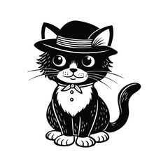 cat sitting silhouette black and white vector illustration 