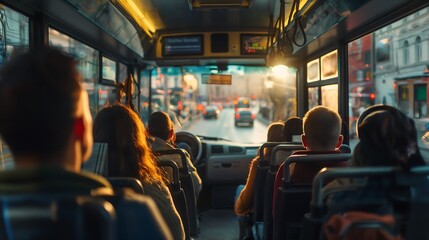 Passengers sitting on a public bus in the morning back view