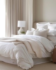 White bedding with neutral colors in a modern bedroom.