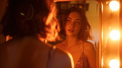 Fototapeta premium Bright depiction of a young woman happy and admiring herself in front of the mirror