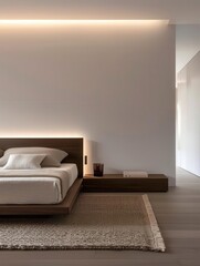 Minimalist bedroom with wooden bed, bedside table, and rug.