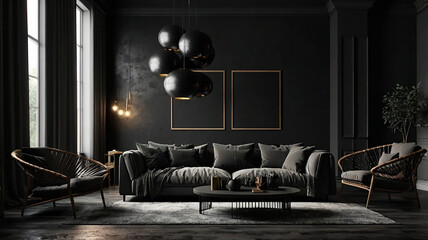 Home interior, modern dark living room interior, black empty wall mock up, 3d render