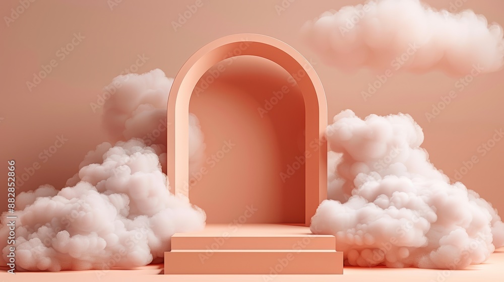 Poster peach and white abstract archway with cloud-like formations and a platform
