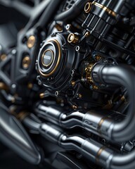 Obraz premium Close-up of a powerful motorcycle engine with gleaming chrome and gold accents.