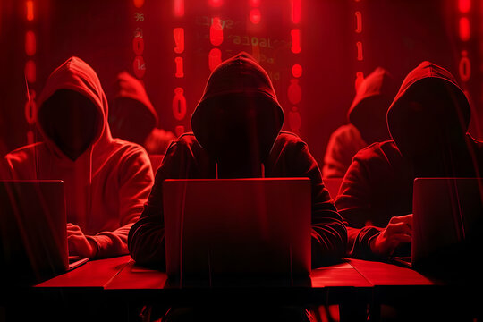 Cybersecurity Threat, Anonymous Hackers, and Digital Crime in Red Background