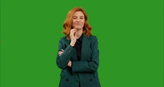 Woman making more gesture, expressing disgust and dissatisfaction rejecting. Isolated on green screen background. Unimportant conversation for goal oriented person.
