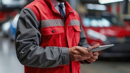 Obraz premium Close-Up of Salesman with Tablet at Auto Center