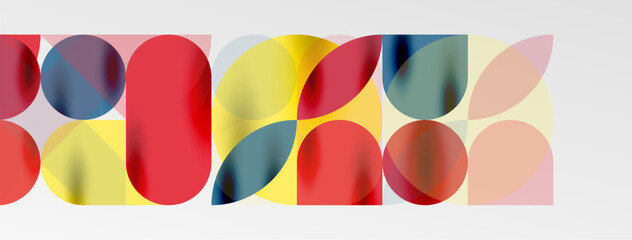 Mosaic geometric elements. Colorful circles, round geometric shapes and lines with shadow 3d effects. Simple forms abstract background for wallpaper, banner, template or landing