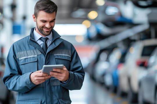 Close-up of Salesman with Tablet in Auto Dealer Setting