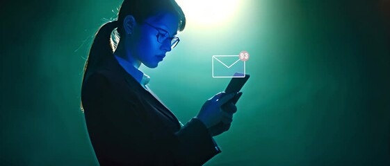 Business woman receive emails on smartphone. Checking email marketing and Online communication concept. Hand of businesswoman using smartphone for new email with notification alert, reading electronic - Powered by Adobe