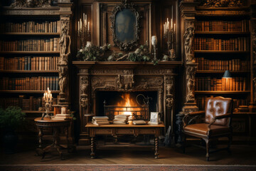 Cozy Antique Library with Wooden Bookshelves and a Glowing Fireplace Providing a Warm Ambiance