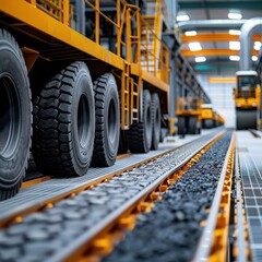 Closeup of large vehicle tires on a railway track in an industrial setting.