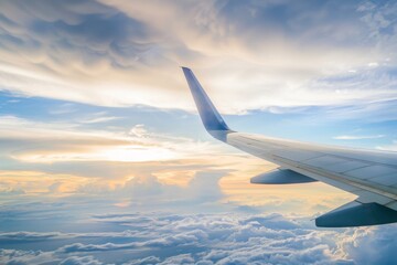 Obraz premium An airplane wing extends out over a vast expanse of clouds, bathed in the golden hues of a setting sun.