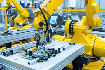 Fototapeta premium A yellow robotic arm precisely positions a component on a circuit board in a modern factory setting.