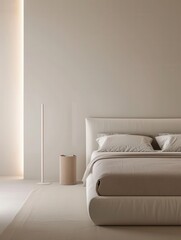 Minimalist bedroom interior with a large bed, floor lamp, and side table.