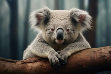 Fototapeta premium Adorable Koala Bear Resting on a Tree Branch with Curious Eyes and Fluffy Ears in a Natural Habitat