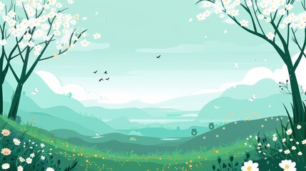 Obraz premium Spring Landscape with White Blossoms and Lush Green Hills