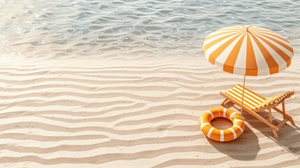 Obraz premium Striped Beach Umbrella, Lounger, and Inflatable Ring on Sandy Beach with Rippling Ocean Water