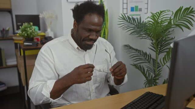 A young african american man relaxes in an office environment, wearing glasses and a white shirt, with plants and office supplies in the background.
