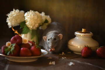 Little cute rat with strawberry and white flowers