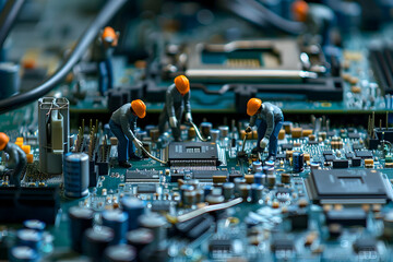 Mini workers are working on a circuit board