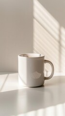 White ceramic mug on a white table with sunlight and shadows.