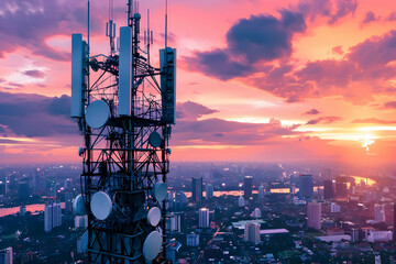A cityscape with 5G towers prominently displayed against the skyline