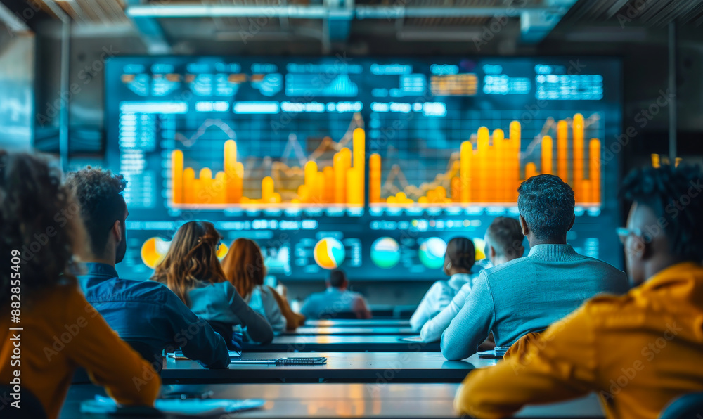 Poster business conference training session with data analytics presentation on large screen in modern corp