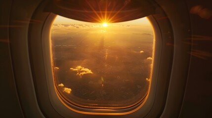 Fototapeta premium Breathtaking view of town and cloudless sundown sky behind window of aircraft during flight. 
