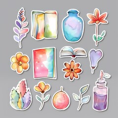 Watercolor floral and book-themed stickers, perfect for decorating notebooks, journals, and planners.