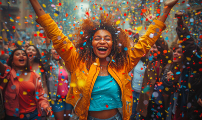 Obraz premium Corporate Celebration with Overjoyed Young Professionals in Confetti Rain Celebrating Birthday with Cheerful Enthusiasm and Youthful Joy