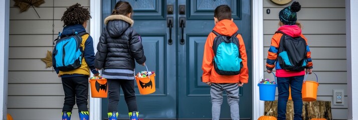 Excited children in halloween costumes wait on decorated porch with overflowing candy buckets
