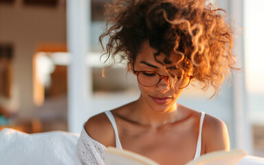 curly-haired woman on bed, reading book, warm light on face