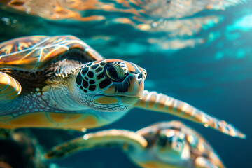 Obraz premium Green sea turtles swimming over coral reefs in crystal clear ocean.