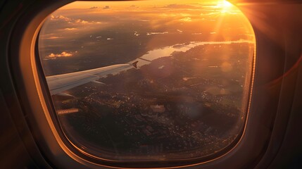 Fototapeta premium Breathtaking view of town and cloudless sundown sky behind window of aircraft during flight. 