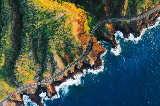 Top down view of highway along the rocky coastline, Hawaii