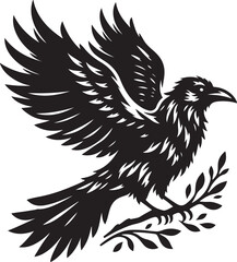 Mysterious Raven Silhouette: A Dark, Majestic Figure Soaring Through the Twilight Sky, Symbolizing Wisdom, Freedom, and Transformation in Its Bold, Shadowed Form