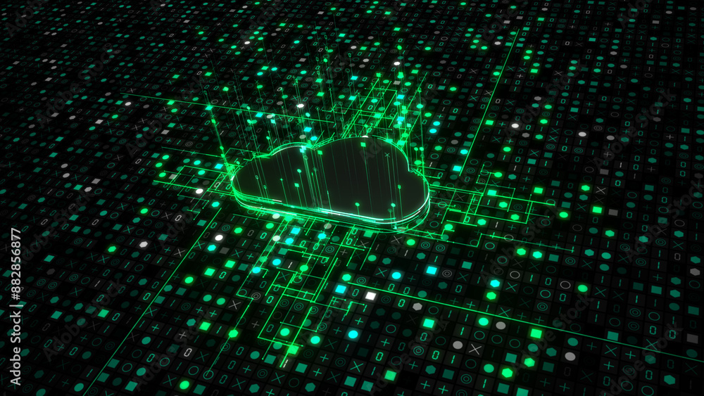 Poster cloud computing for data storage and transfer for safety, cloud icon on digital background, futurist