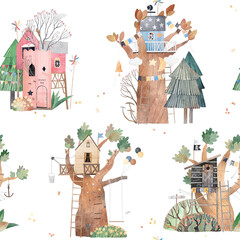 Green park, cute tree houses. Forest and fairy-tale houses. Oak Grove. Watercolor illustration. Decor for a children's room. Seamless pattern. © bukhavets
