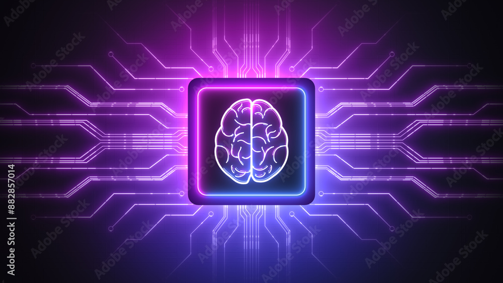 Poster Artificial intelligence brain, Advanced microprocessor on circuit board, Technology of machine learning with neon light glowing lines, 3d rendering