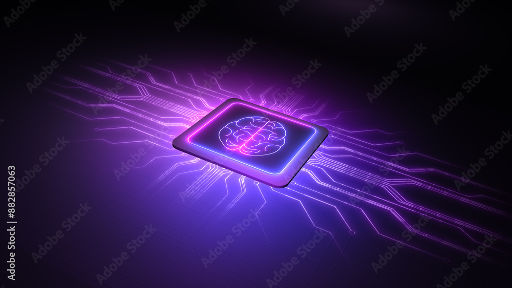 Poster Advanced microprocessor on circuit board, Artificial intelligence brain, Technology of machine learning with neon light glowing lines, 3d rendering