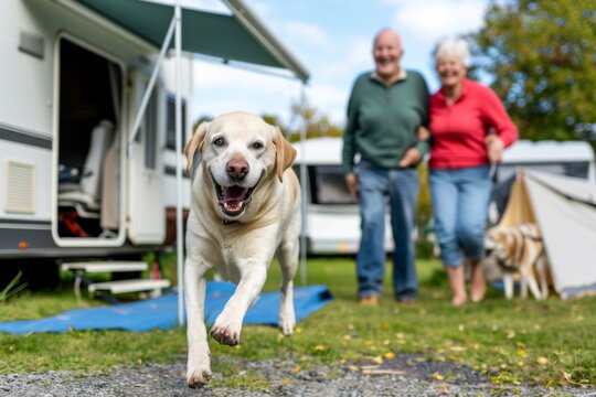 A joyful Labrador Retriever runs towards a couple standing in front of a campervan at a campsite, with a second dog visible in the background. - Powered by Adobe