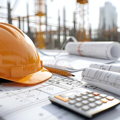 Hard hat, blueprints, calculator, pencil on construction site.