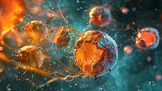 A visualization of cellular apoptosis (programmed cell death), showing the cell breaking apart into apoptotic bodies, with neighboring cells engulfing these fragments, highly detailed and colorful, di