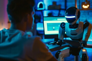 A man sits at a desk, facing a glowing robot companion, as they work together on a project.