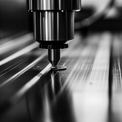 Close-up of a CNC machine drilling a metal surface.