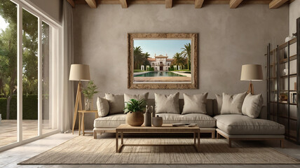 Mockup frame in living room interior of Spanish villa, 3d render