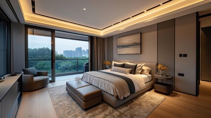 Fototapeta premium Modern bedroom interior design with large windows and city view.