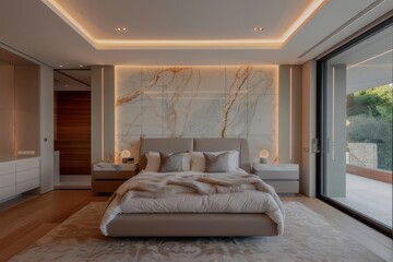 Modern bedroom interior with marble wall, plush bed, and large windows.